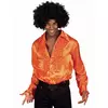 Orange Satin Disco Hemd für Herren mit Rüschen, Größe: S(46/48)