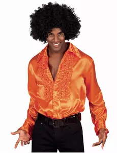 Orange Satin Disco Hemd für Herren mit Rüschen, Größe: S(46/48)
