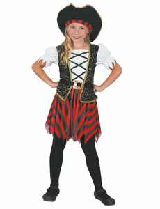 Costume da pirata nero e rosso per bambine, Taglia: 7-9 anni (120-130 cm)