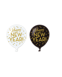  6 Happy New Year Ballons schwarz-weiß-gold 30cm, fig. 1 