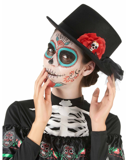  Chapeau haut de forme noir tête de mort fleur rouge Dia de los muertos adulte, fig. 1 