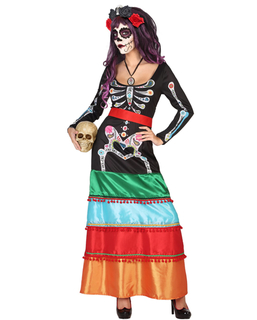  Déguisement mexicaine coloré long femme Dia de los muertos, fig. 1 