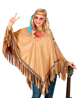  Hippie-Poncho für Damen Kostüm-Accessoire mit Fransen braun, fig. 1 