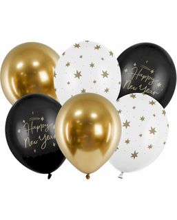  6 Happy New Year Luftballons schwarz und gold 30 cm, fig. 1 