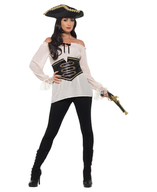  Sexy Piratenbluse mit Gürtel Damen-Kostümzubehör weiss-schwarz, fig. 1 