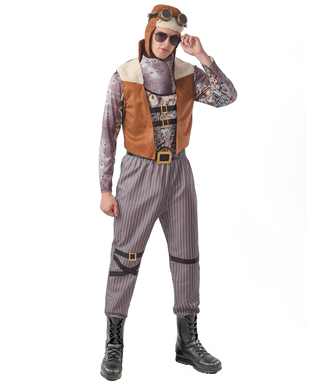  Stilvolles Steampunk-Pilotenkostüm für Herren Fasching grau-braun-schwarz, fig. 1 