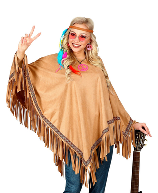  Hippie-Poncho für Damen Kostüm-Accessoire mit Fransen braun, fig. 1 