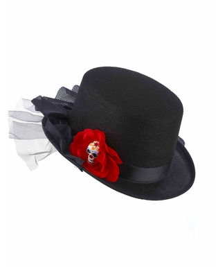  Chapeau haut de forme noir tête de mort fleur rouge Dia de los muertos adulte, fig. 2 