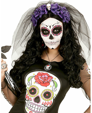  Coiffe fleurs violettes avec tête de mort femme Dia de los muertos, fig. 1 