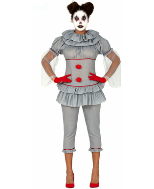  Psycho-Clown Damenkostüm für Halloween grau-rot, fig. 1 