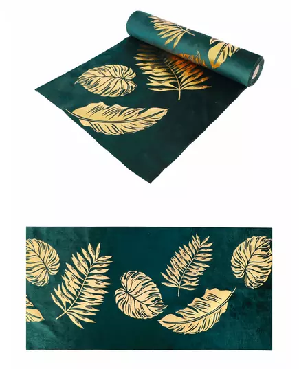 Runner da tavola in velluto verde con foglie dorate 28 cm x 3 m