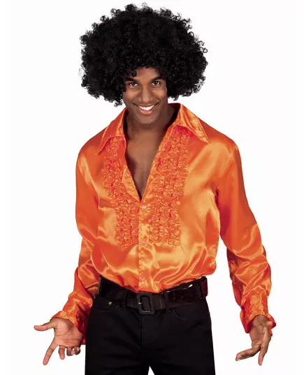 Orange Satin Disco Hemd für Herren mit Rüschen, Größe: S(46/48)