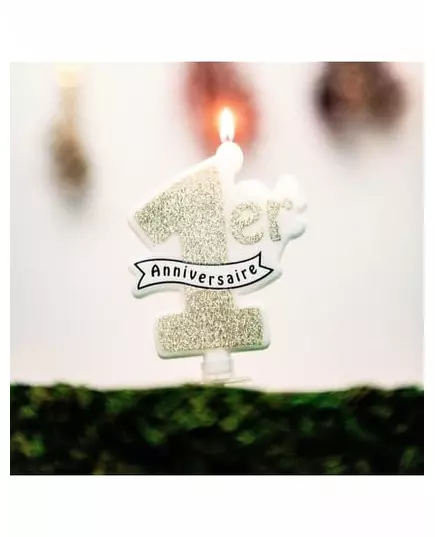 Candela per 1° compleanno con glitter color champagne 10 x 8 cm, image 2